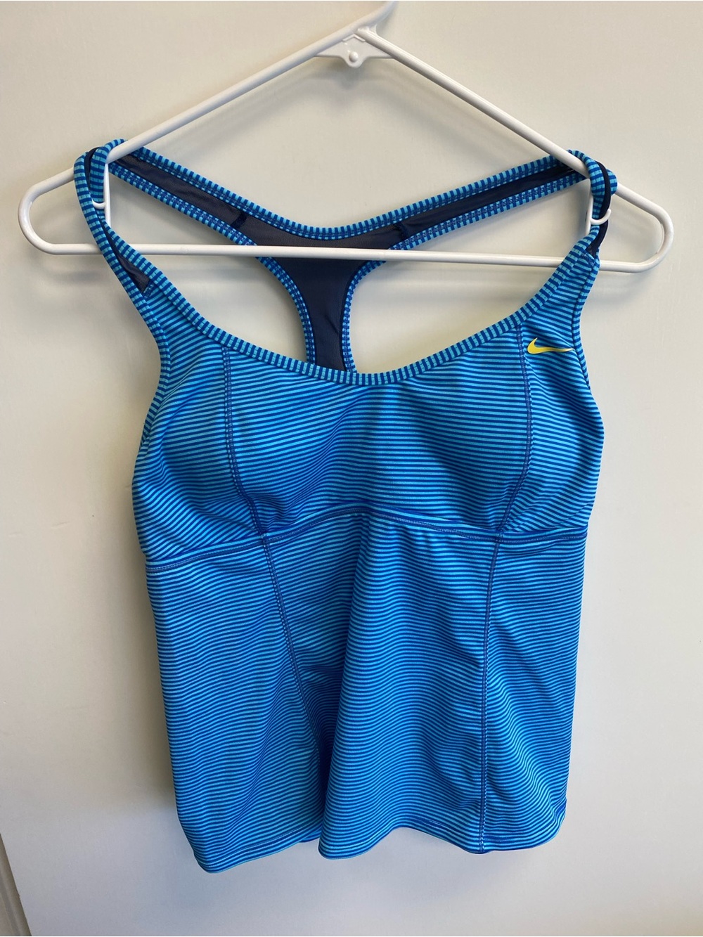 Nike Blue Striped Racerback Athletic Tank with Yellow Swoosh